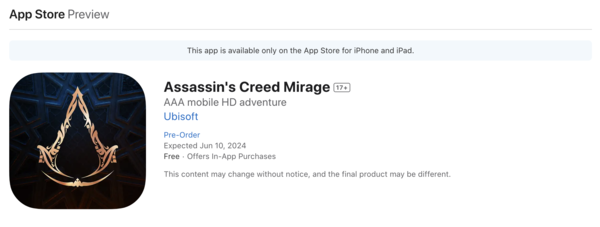 刺客信条：幻景将于6月登陆iOS平台 支持iPhone及iPad